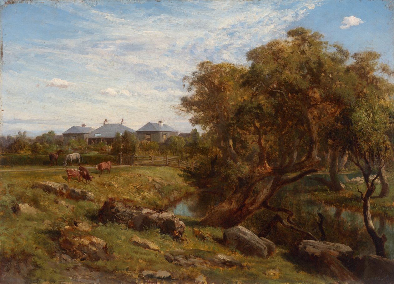 Casa Terrinallum y Emu Creek desde cerca de la puerta del jardín inferior de Louis Buvelot