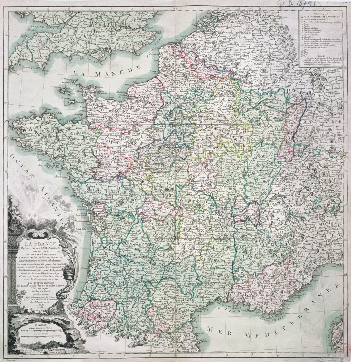 Mapa de Francia dividida en 58 provincias, 1765 de Louis Charles Desnos