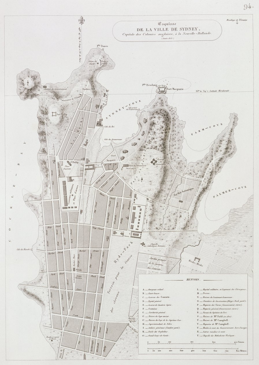 Plano de la ciudad de Sídney, de Voyage Autour du Monde (1817-20), publicado 1822-24 de Louis Claude Desaulses de Freycinet