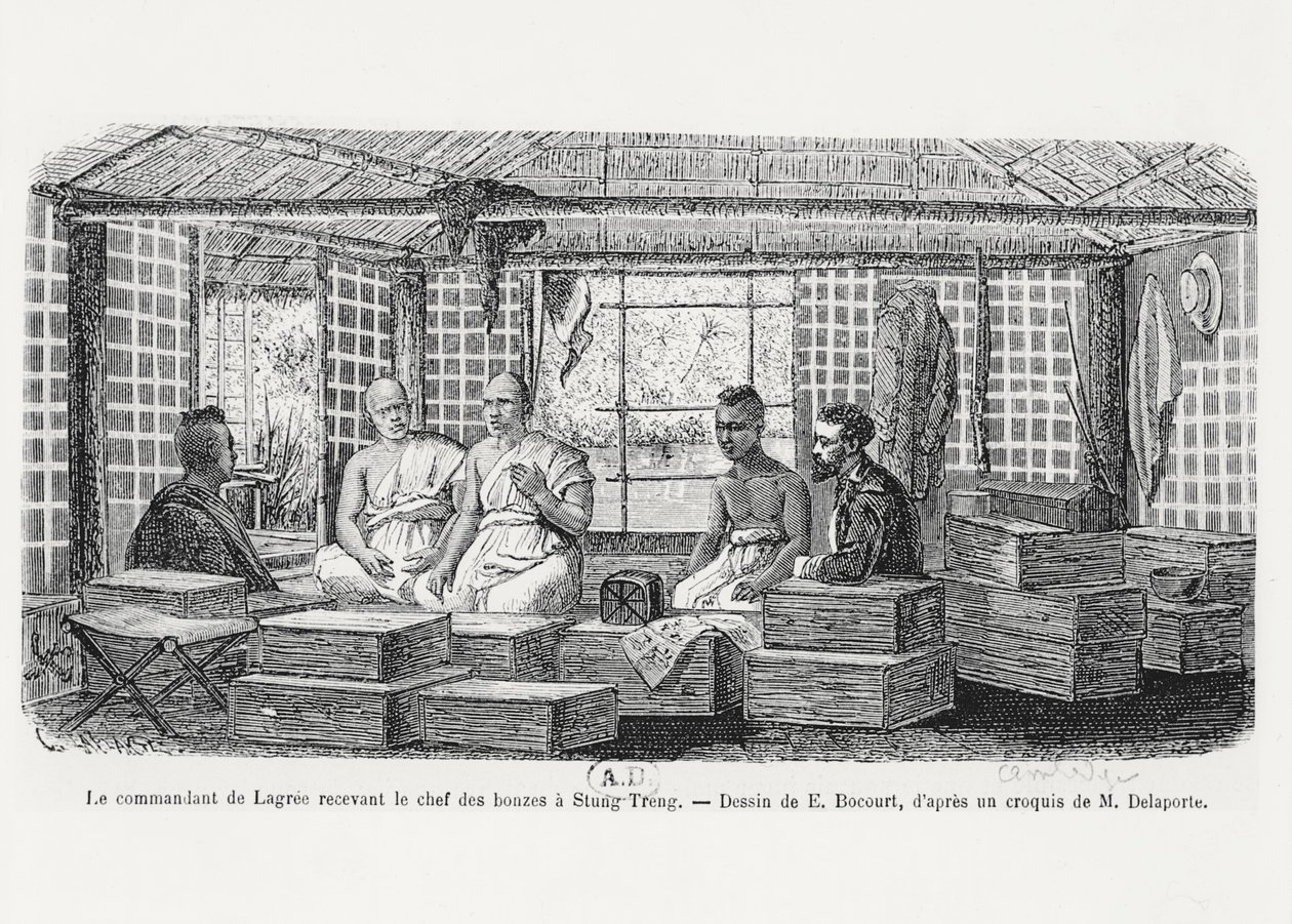 El comandante Lagree recibiendo al jefe de los monjes en Stung Treng, Camboya, 1868 de Louis Delaporte