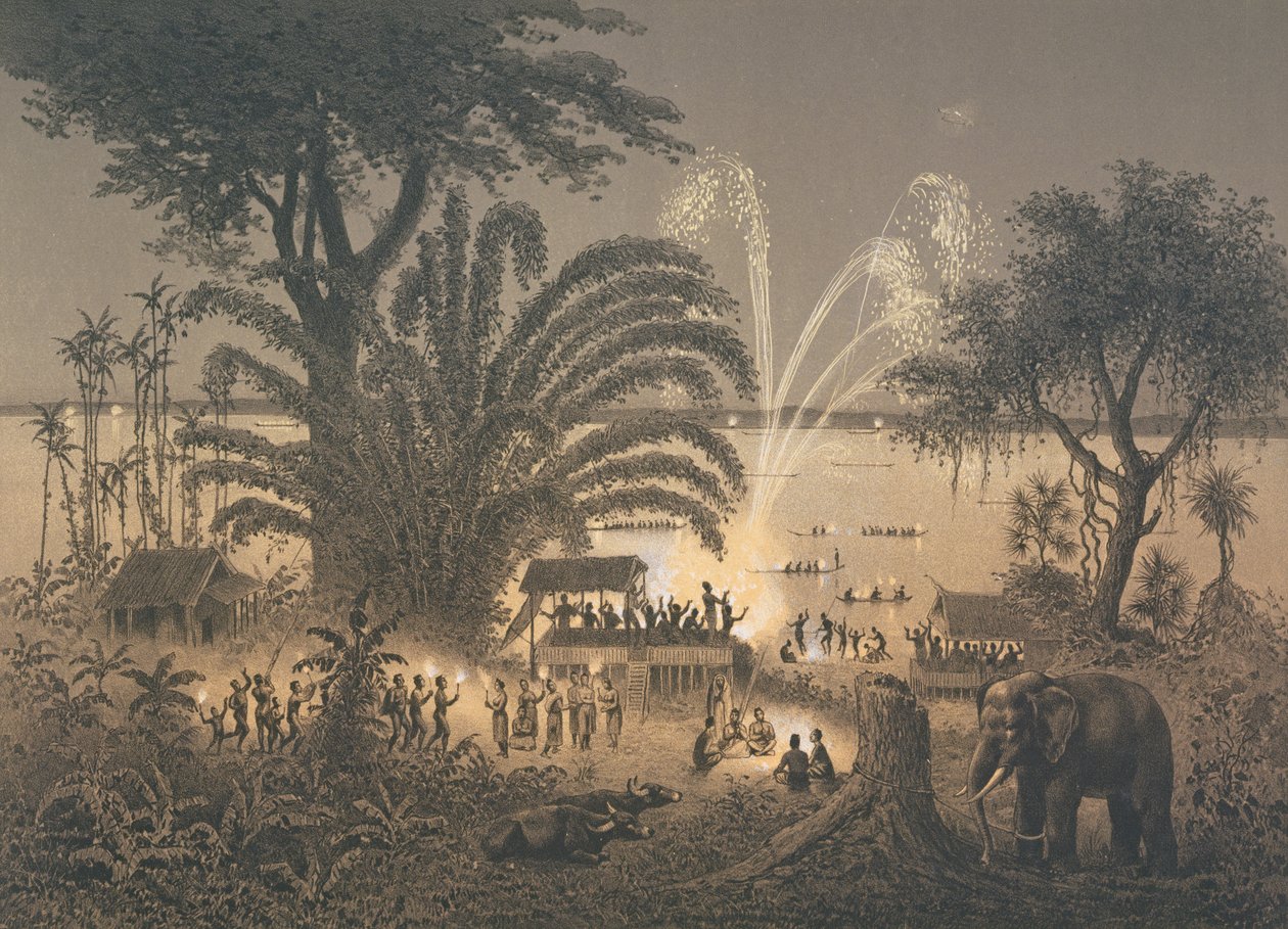 Fuegos Artificiales en el río en celebraciones en Bassac, ilustración de 