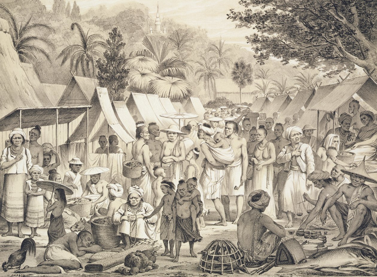 Mercado en Luang Prabang, Laos, ilustración del 