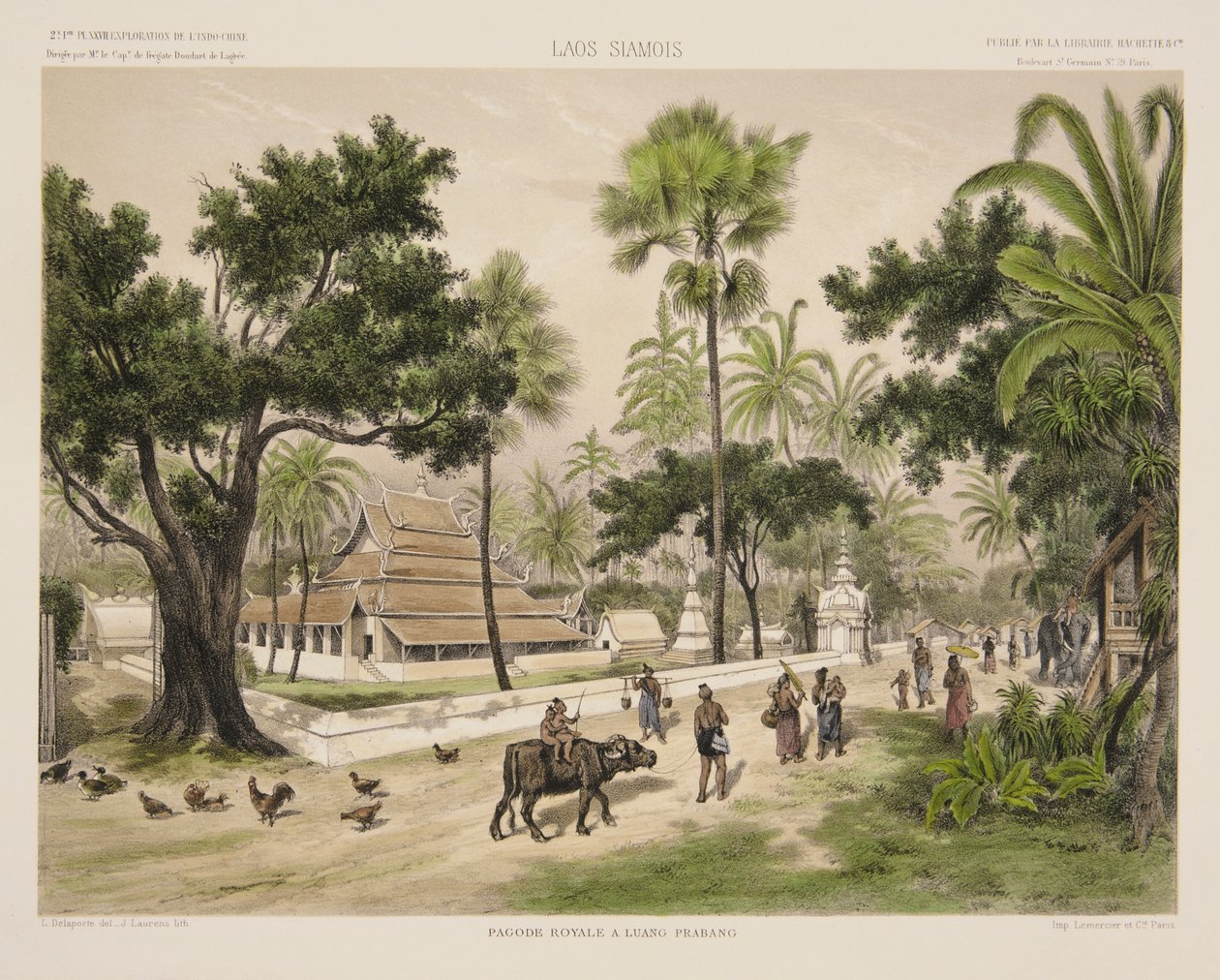 El Templo Real en Luang Prabang, grabado hecho por J. Laurens, ilustración de 
