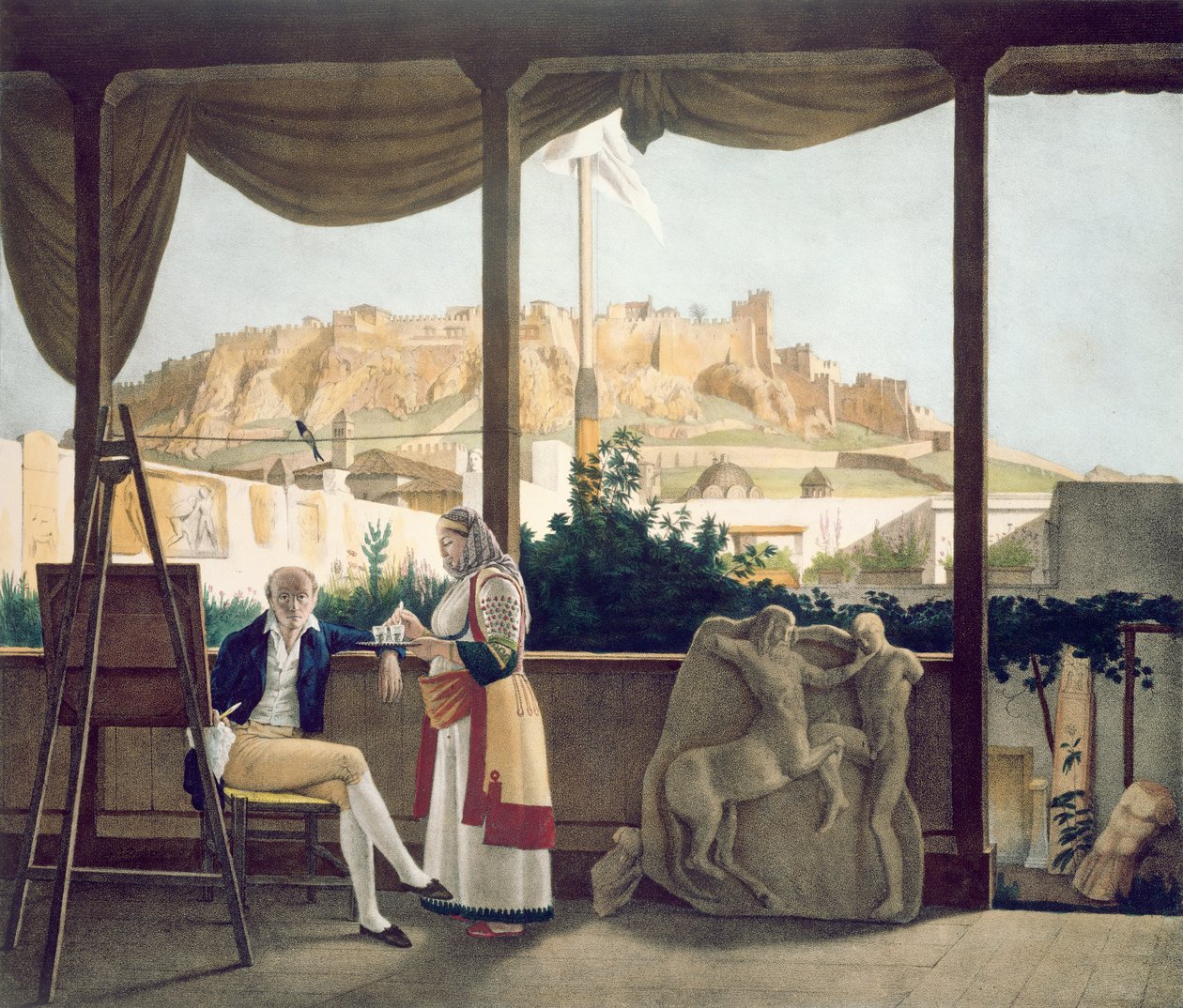 El cónsul francés, Monsieur Fauvel, en la terraza de su casa en Atenas, grabado por los hermanos Thierry, 1825 de Louis Dupré