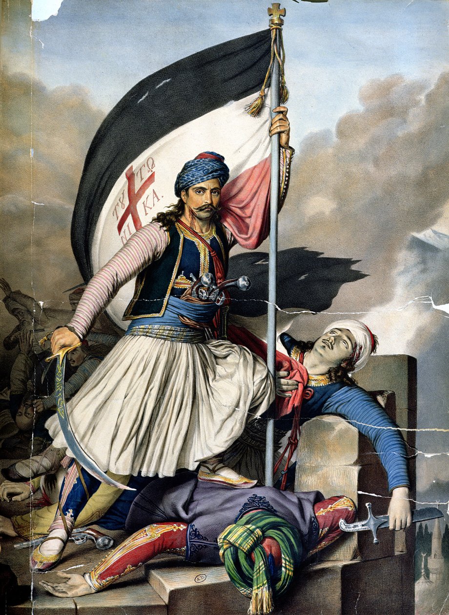 La rebelión griega, el abanderado en Salona el día de Pascua de 1821, litografía por Lemercier para 