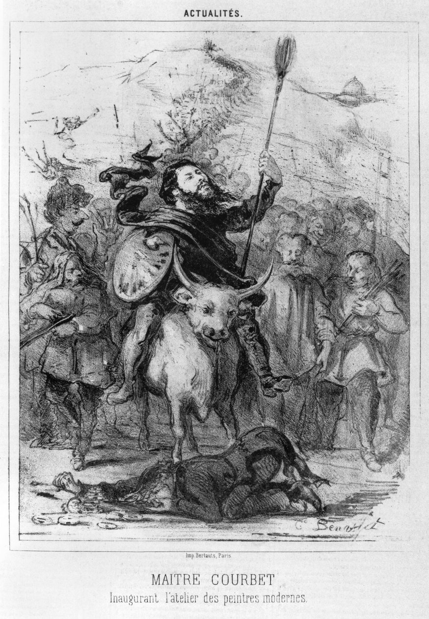 Maitre Courbet inaugurando el taller de los pintores modernos, caricatura de Le Boulevard, 1862 de Louis Emile Benassit