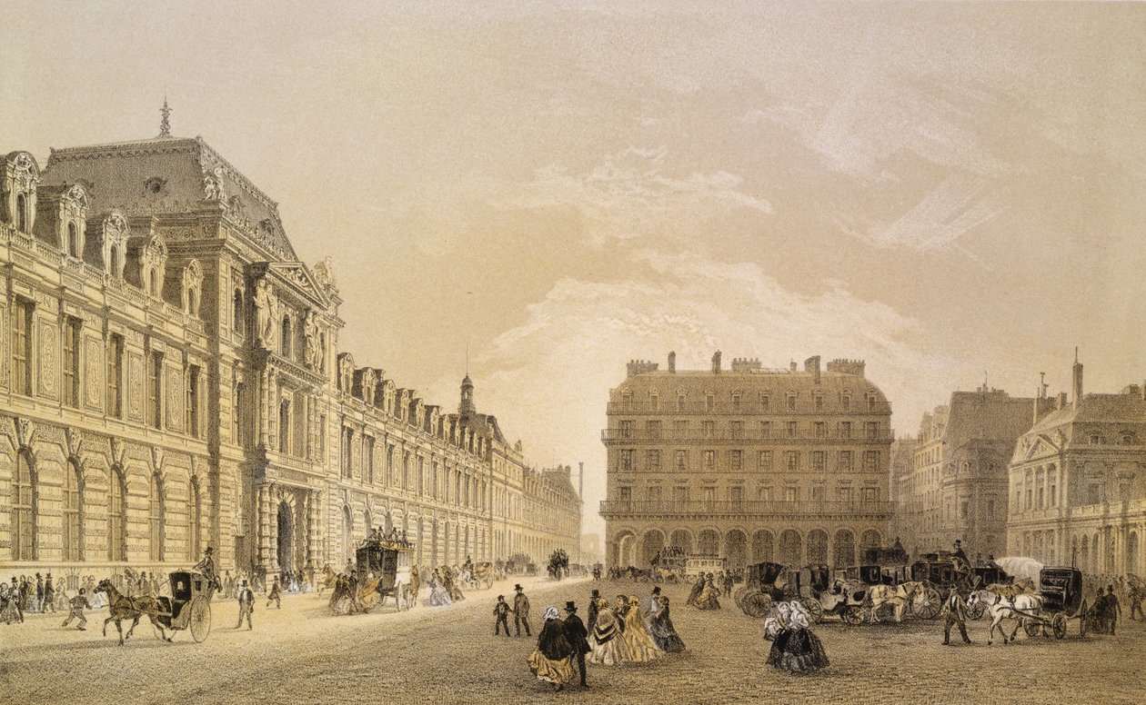 Vista de la fachada del Louvre, la Rue de Rivoli y el Palais Royal, 1855 de Louis Jules Arnout