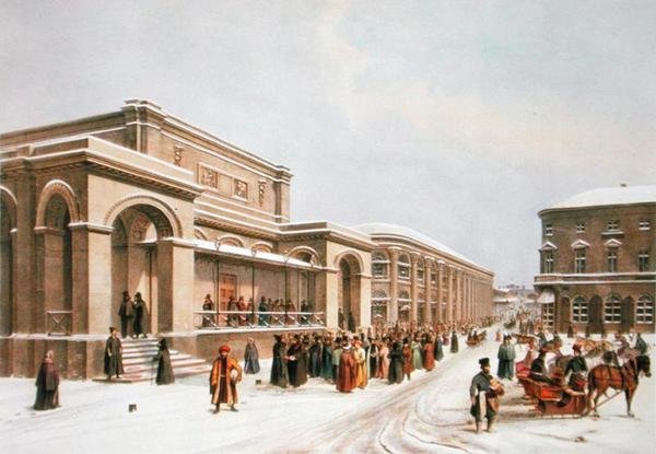 La nueva bolsa de valores y la arcada en Moscú, impresa por Lemercier, París, 1840s de Louis Jules after Arnout