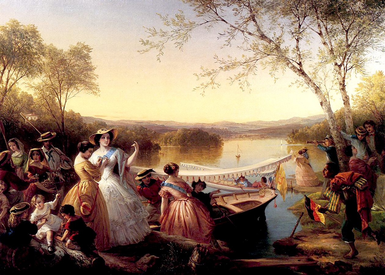 Antes de una carrera de botes de damas, Lago Mahopac, 1864-65 de Louis Lang