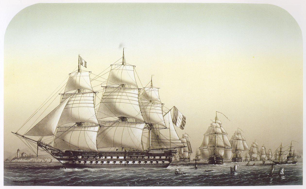 El escuadrón francés navegando frente al Gran Cinturón. El buque insignia Inflexible se puede ver en primer plano, liderando el escuadrón de Louis Le Breton