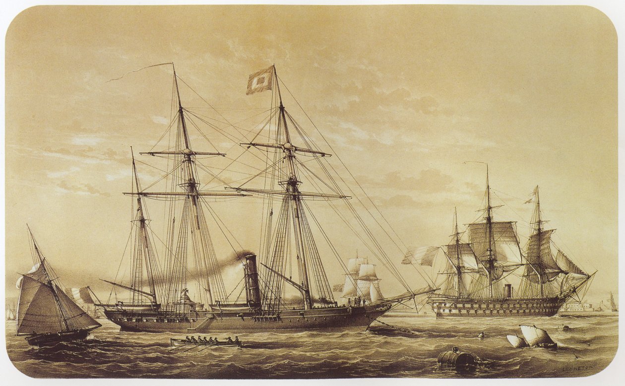 La Reine Hortense, yate imperial de Napoleón III. El barco de línea Austerlitz se puede ver en el fondo de Louis Le Breton