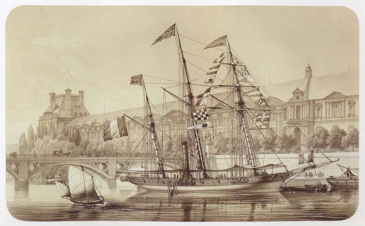 El Sole, primer barco de hélice de largo alcance, anclado frente a las Tullerías en París de Louis Le Breton