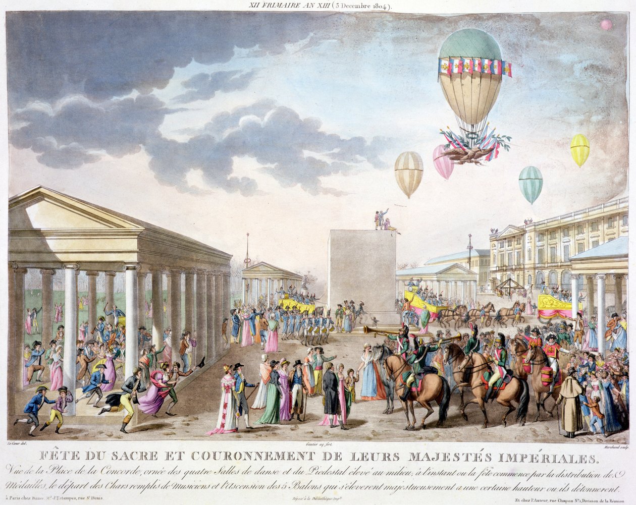 Festival sagrado y coronación de sus majestades imperiales, vista de la Place de la Concorde, París, grabado por Marchand, publicado en 1806 (grabado a mano) de Louis Le Coeur