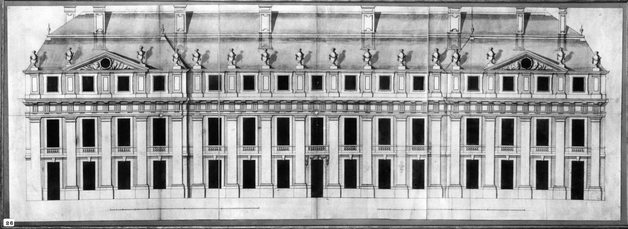 Chateau de Vincennes: Elevación de la fachada de un pabellón de esquina, 1658 de Louis Le Vau
