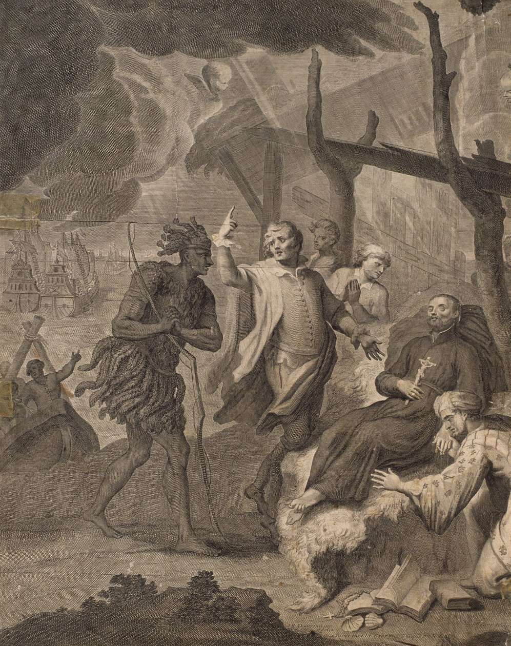 Primeros franceses llegando a Canadá, grabado por Laurent Cars (1699-1771) de Louis Michel Dumesnil