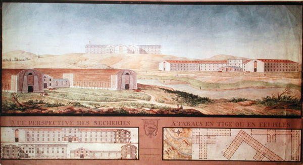Vista en perspectiva de las fábricas de secado de tabaco, 1813 de Louis Michel Phelippeaux