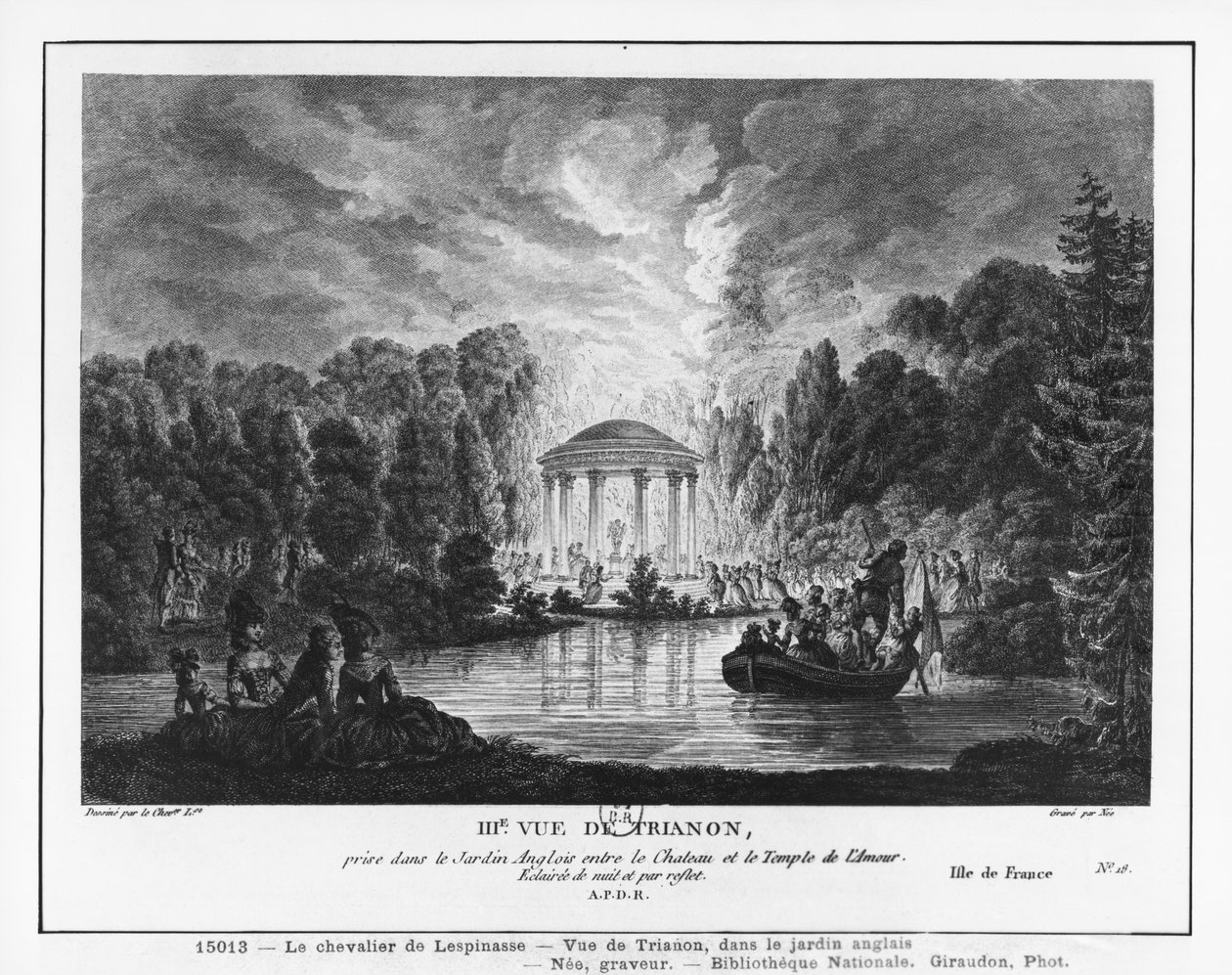 Tercera vista de Trianon, tomada desde el jardín inglés entre el castillo y el Templo del Amor, grabado por Francois Denis Nee (1732-1817) de Louis Nicolas de Lespinasse