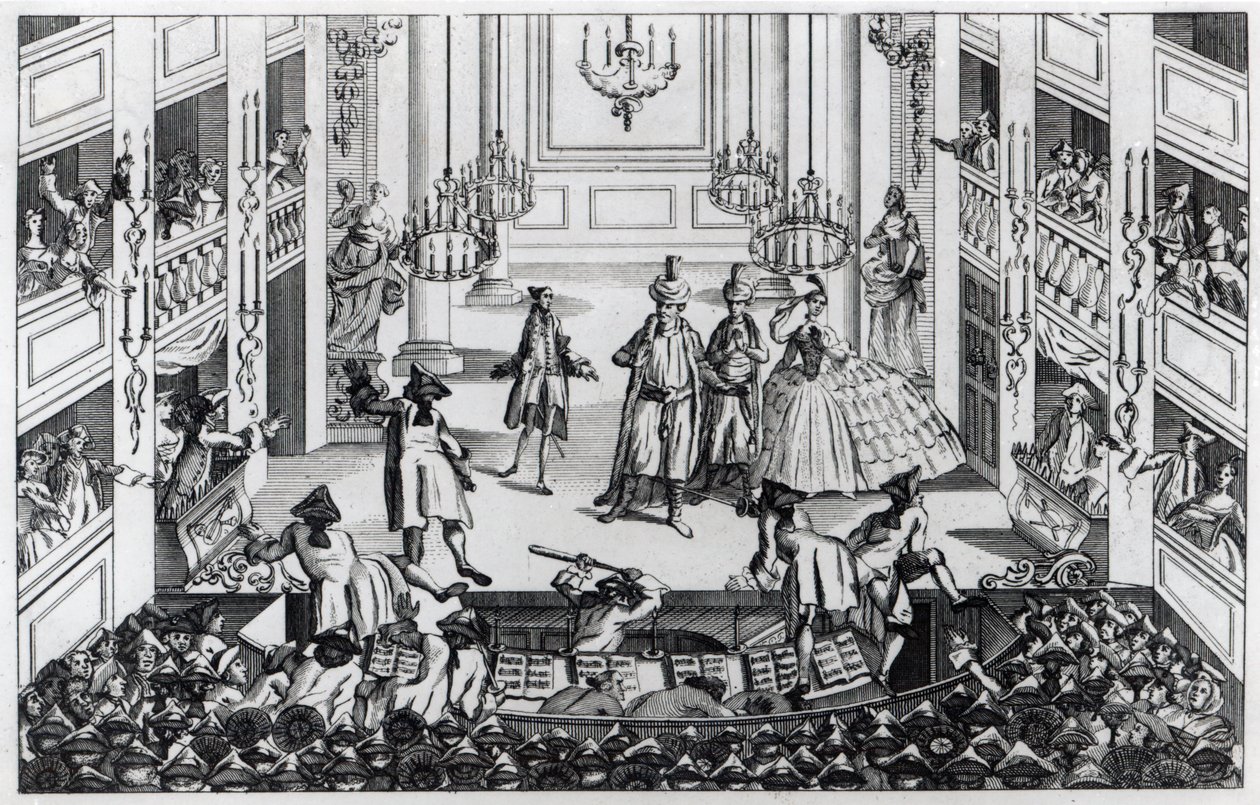 Motín en el Teatro Covent Garden en 1763 debido a que los gerentes se negaron a admitir medio precio en la ópera de Artajerjes de Louis Philippe Boitard