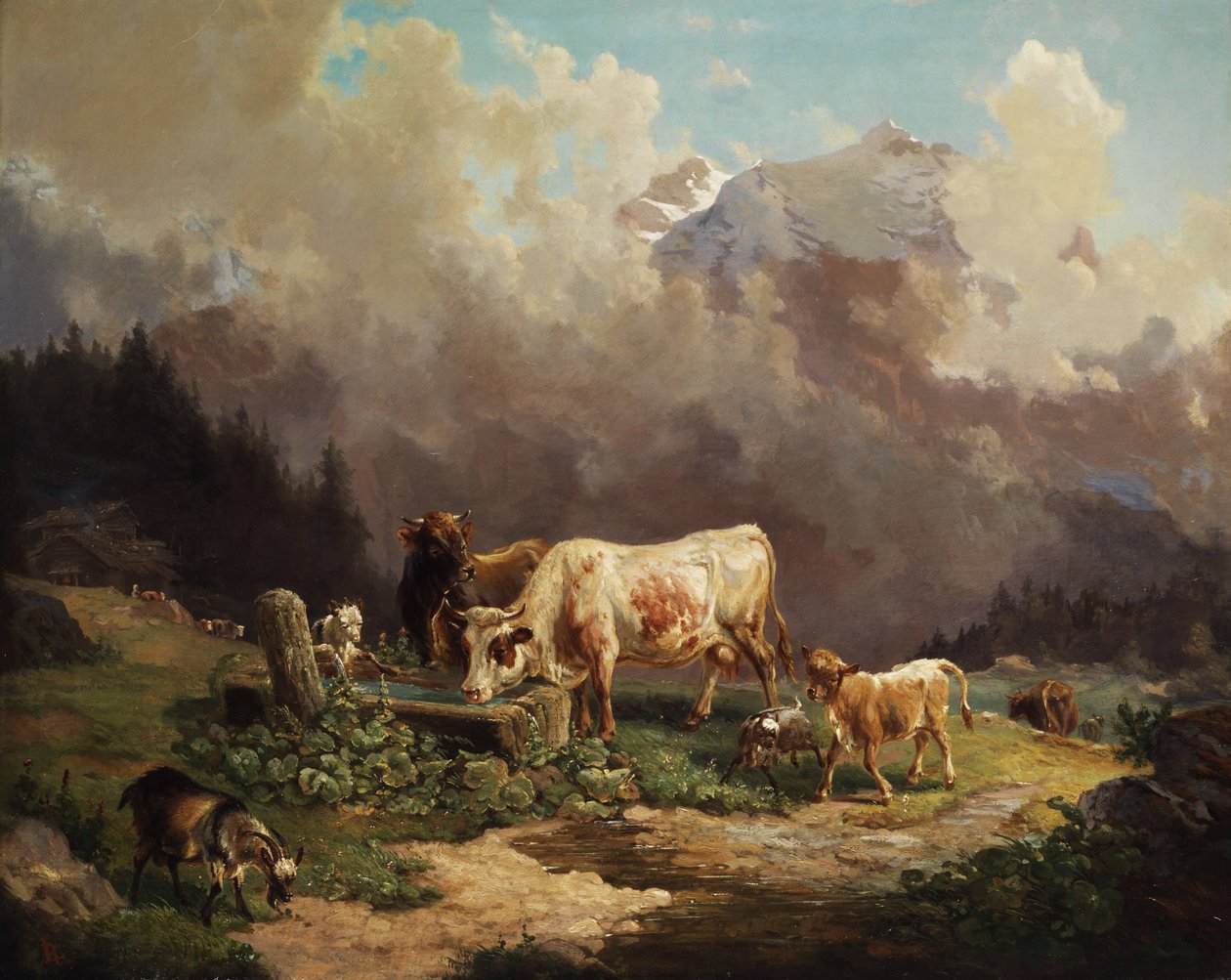 Ganado en las montañas altas en el abrevadero de Louis Reinhardt