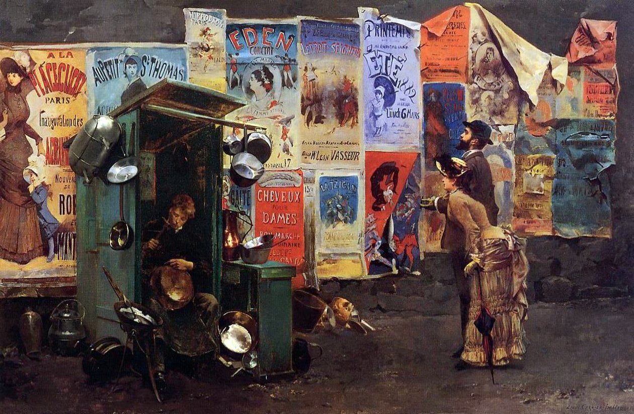 Carteles en una Pared y un Hombre Reparando Ollas de Metal, 1882 de Louis Robert Carrier Belleuse