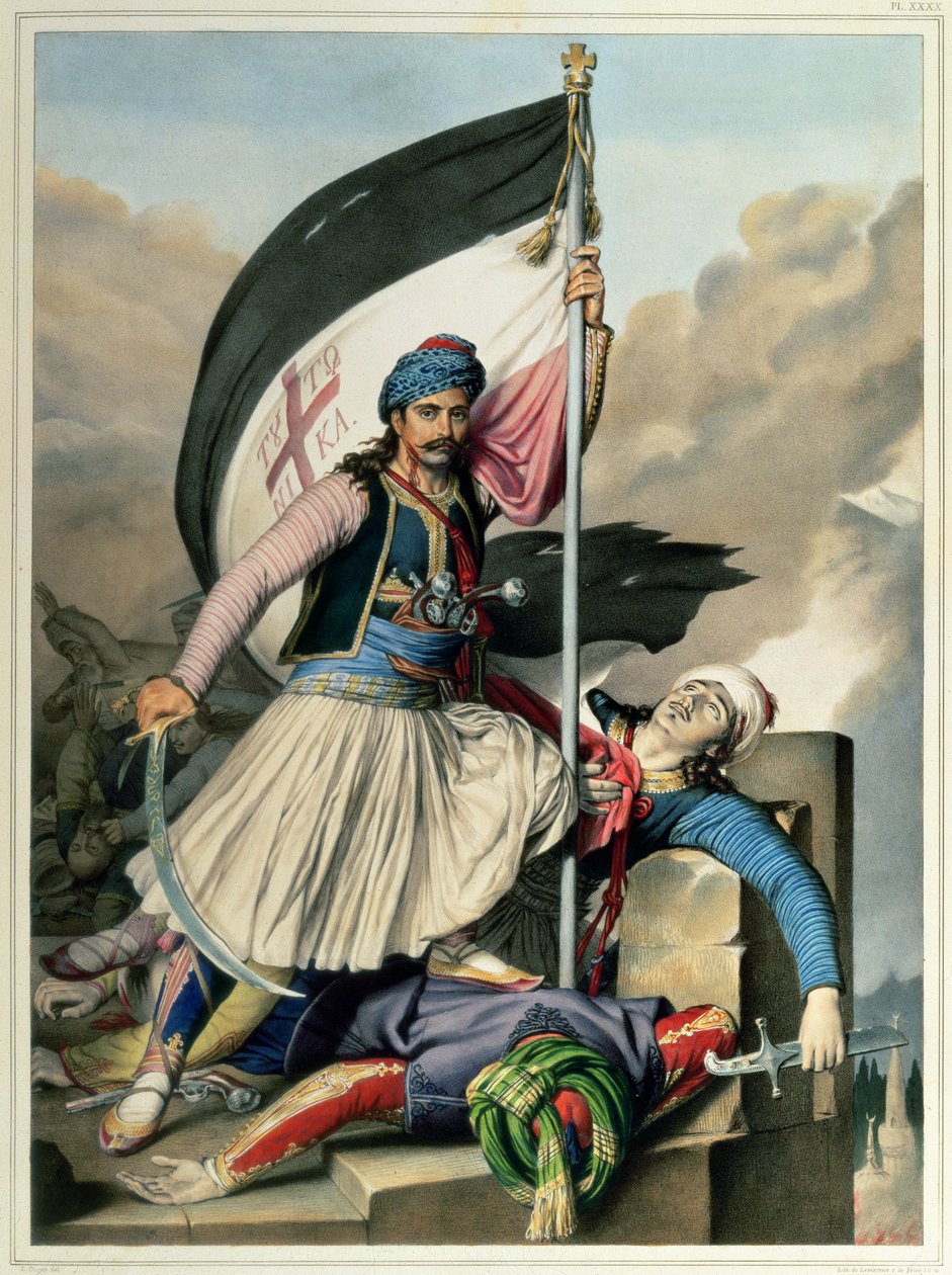 Viaje a Atenas y Constantinopla: Nickolaki Mitropolos tomando el estandarte de la Cruz en Salona el día de Pascua de 1821, 1825 de Louis after Dupre