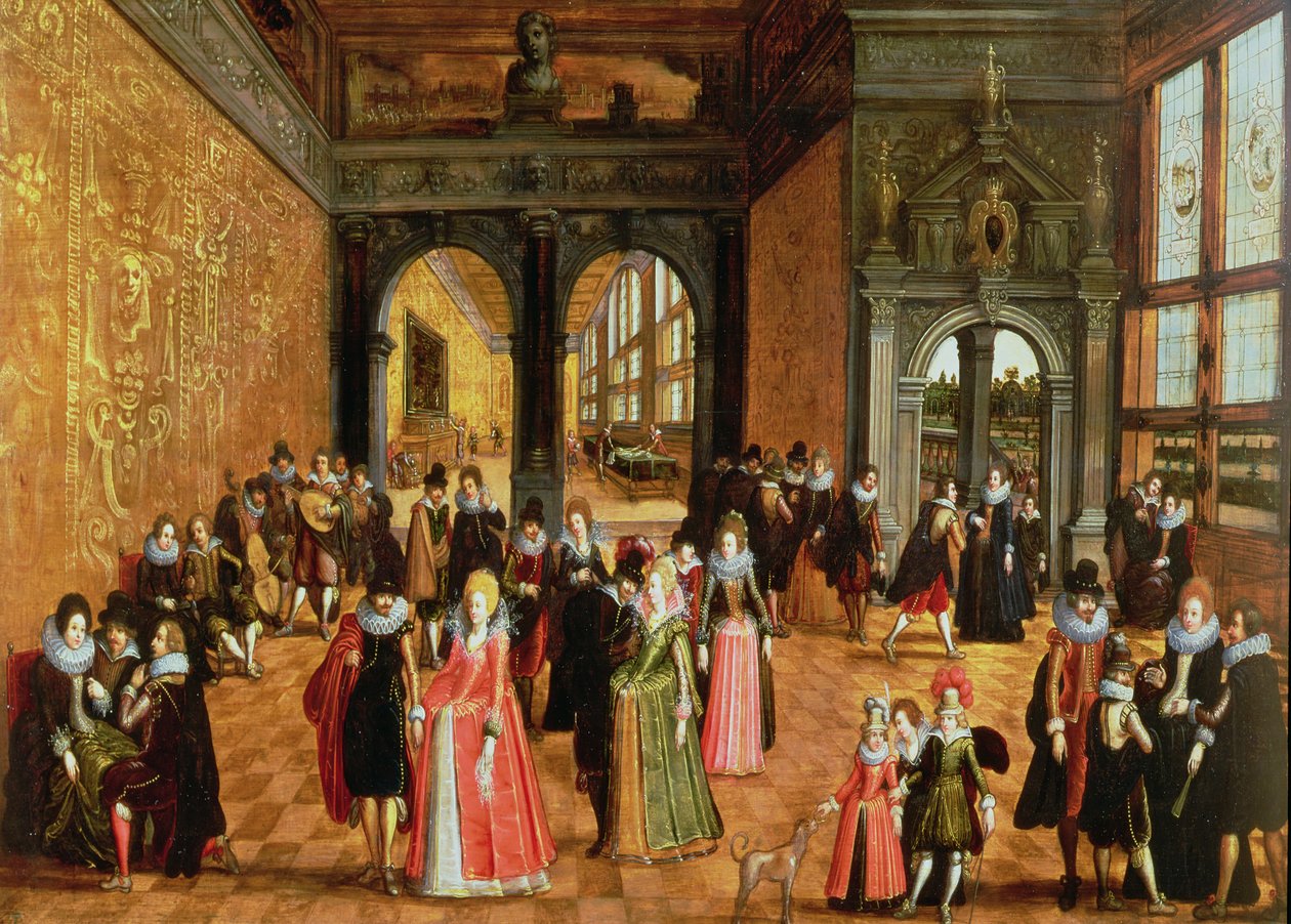 Interior de un palacio con damas y caballeros bailando y tocando música de Louis de Caullery