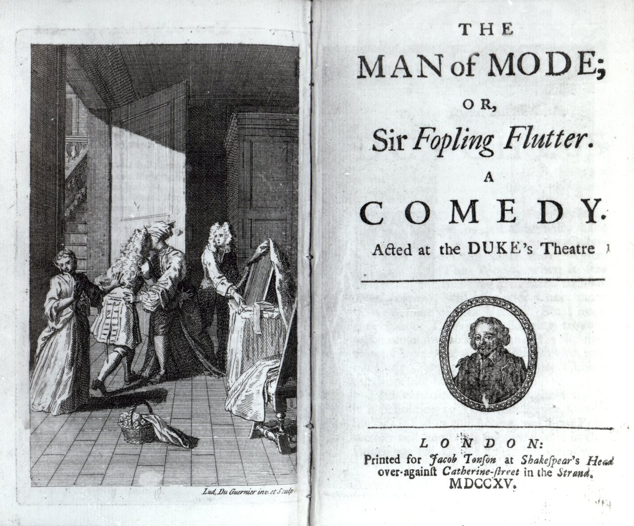 Frontispicio y página de título para El hombre de moda, o Sir Fopling Flutter por George Etherege, publicado en 1715 de Louis du Guernier