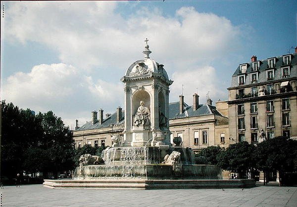 Vista de la Fontaine des Quatre-Evêques, Place Saint-Sulpice, construida en 1844 de Louis or Ludovico Visconti