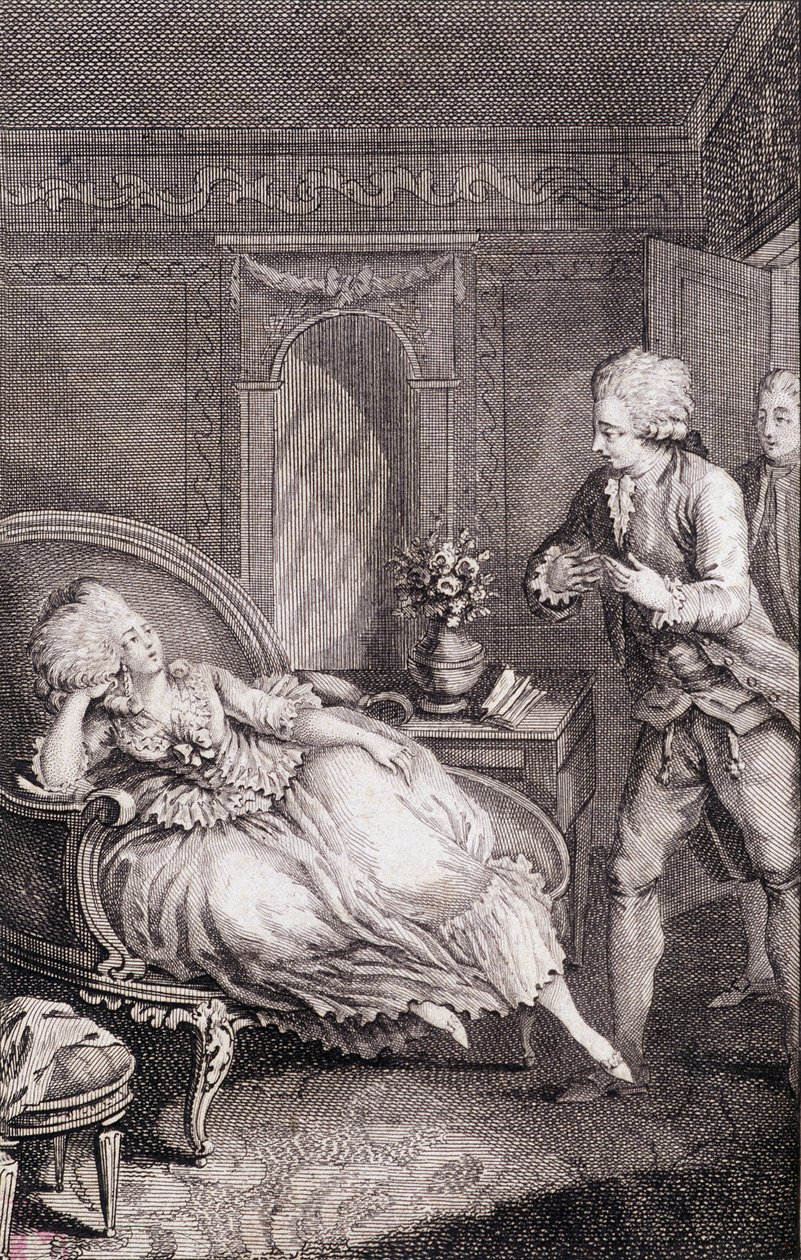Gentilhombre declarando su amor a una dama languideciendo en una pastora - en “Les francaises ou 34 ejemplos elegidos en las costumbres actuales adecuadas para guiar a hijas, esposas, madres” de Restif de La Bretonne (1734-1806), ilustrado por Binet, Neufc de Louis (after) Binet