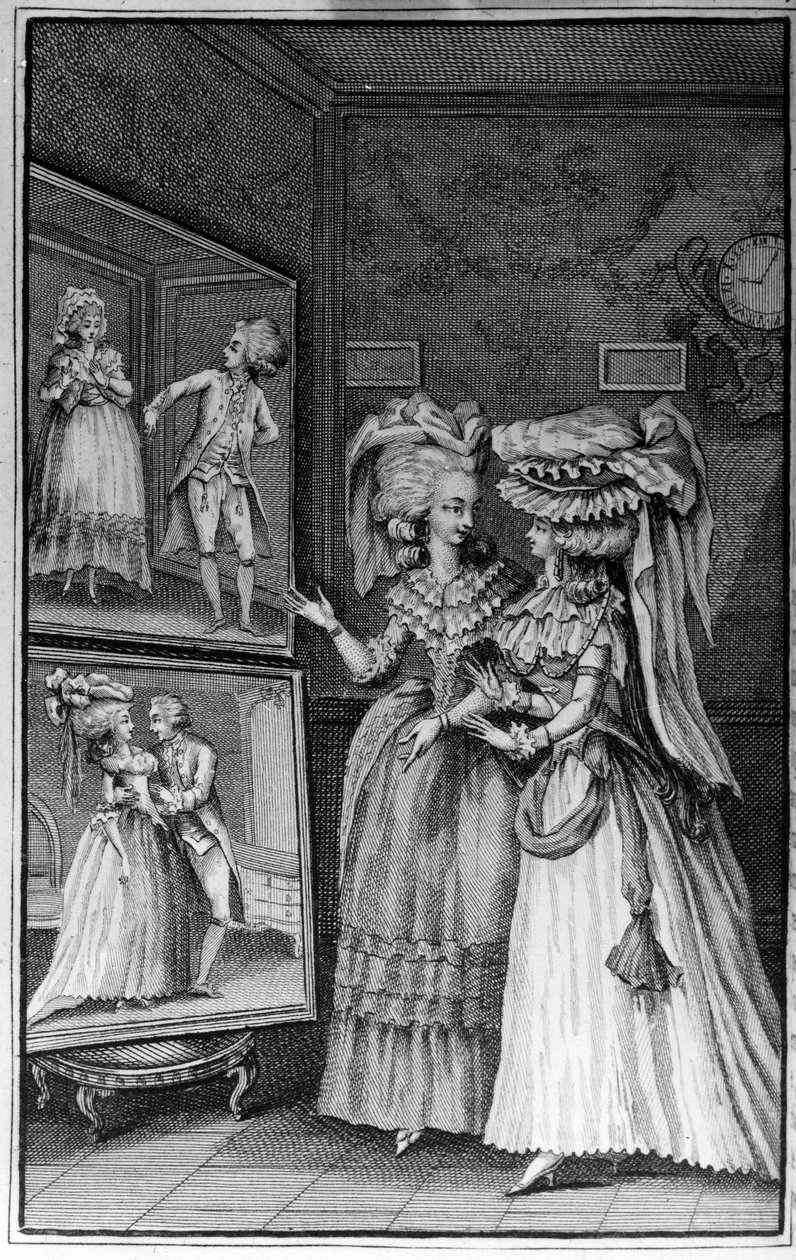 Ilustración de Louis Binet (1744-1800) para el libro de Nicolas Edme Restif de La Bretonne Les Parisiennes, o XL Caracteres Generales Tomados en los Moros Modernos, aptos para servir a la instrucción de las Personas-del-Sexo, extraídos de los memoires du n de Louis (after) Binet
