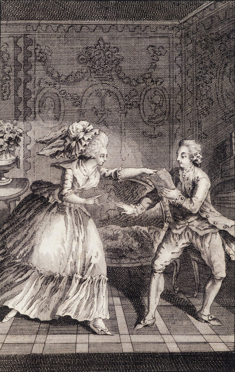 El billete dulce sustraído (libertinaje) - en "Las francesas o 34 ejemplos elegidos en las costumbres actuales aptos para guiar a hijas, mujeres, esposas, madres" por Restif de La Bretonne (1734-1806), ilustrado por Binet, Neufchatel de Louis (after) Binet