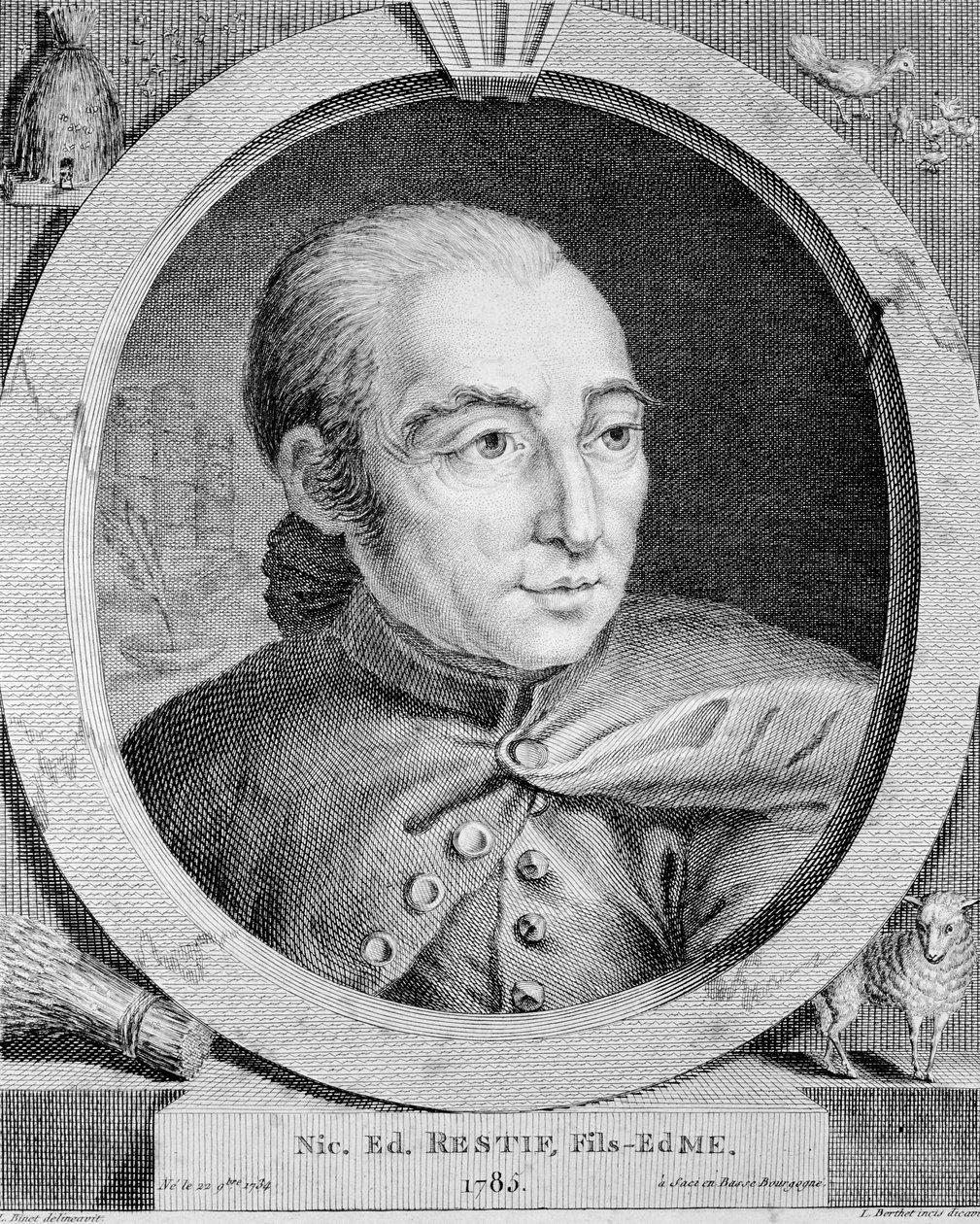 Retrato de Nicolas Edme Restif de La Bretonne (1734-1806) (también Retif de La Bretone) - por Binet, grabado de Louis (after) Binet