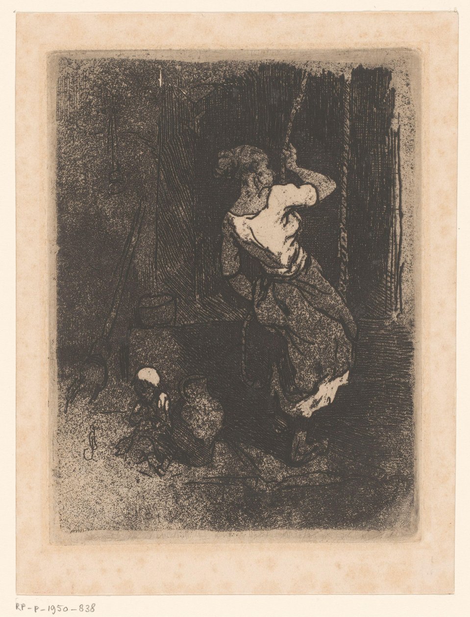 Una mujer saca agua de un pozo, junto a ella un niño sentado de Louis Adolphe Hervier (attributed to)
