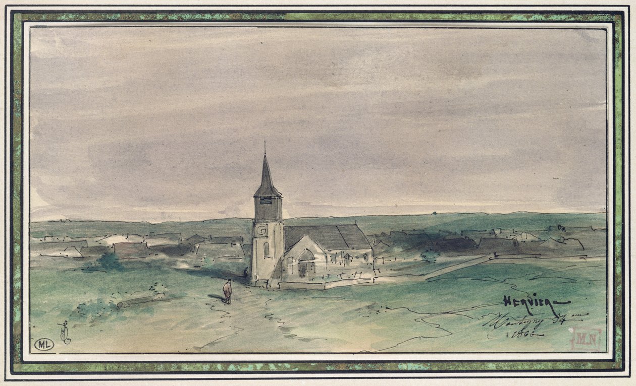 Iglesia y pueblo en medio de un campo, Montigny, 1866 de Louis Adolphe Hervier