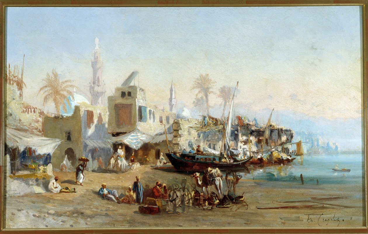 Pecheurs et mosquees du port de Boulack en Egypt Pintura de Amable Louis Crapelet (1822-1867) Sol. 41x64 cm Mención obligatoria: Collection fondation regards de Provence, Marseille de Louis Amable Crapelet