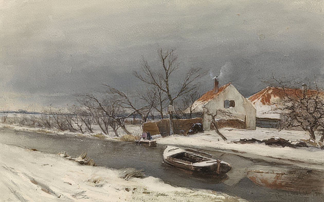 Paisaje invernal con casas y un canal, 1874 de Louis Apol