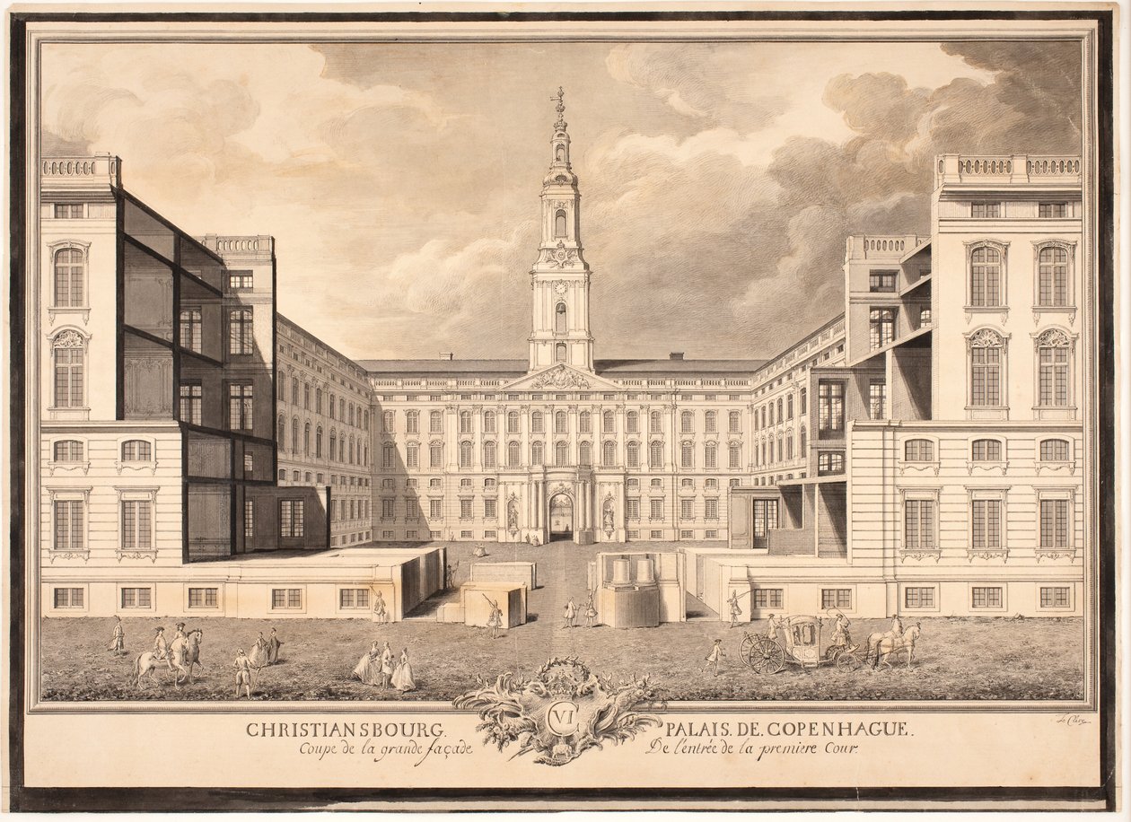 Christiansbourg Palais de Copenhague. Corte de la gran fachada de la entrada del primer patio de Louis Auguste Le Clerc