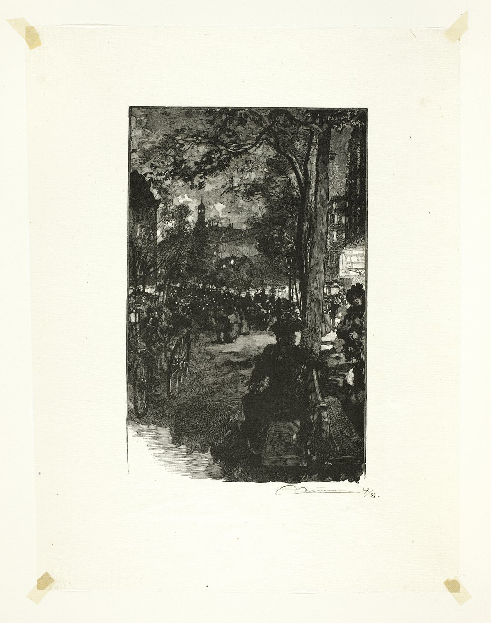 Boulevard Montmartre, atardecer, lámina quince de Le Long de la Seine et des Boulevards de Louis Auguste Lepère