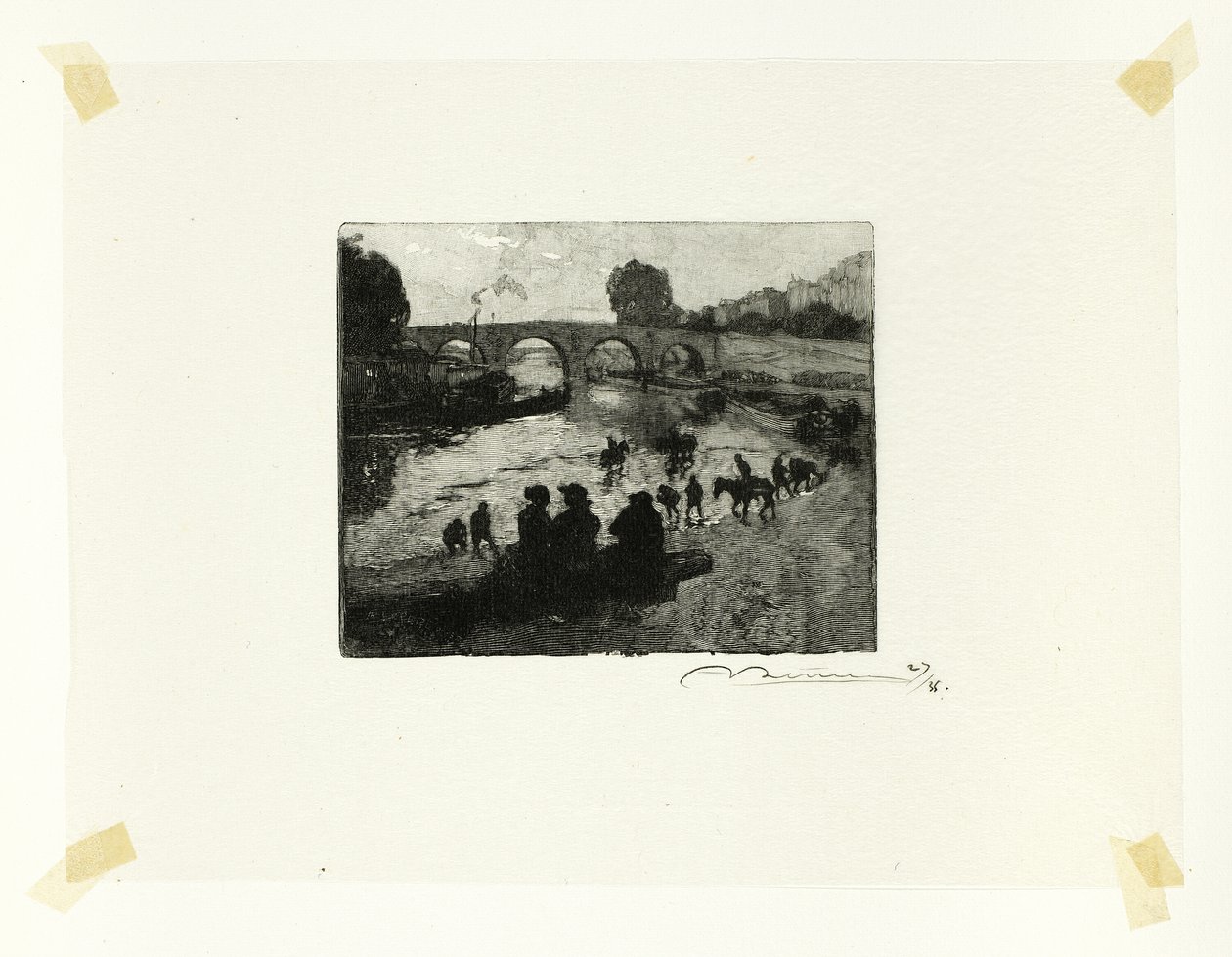 El Estanque de los Caballos en el Puente María, lámina diez de Le Long de la Seine et des Boulevards de Louis Auguste Lepère