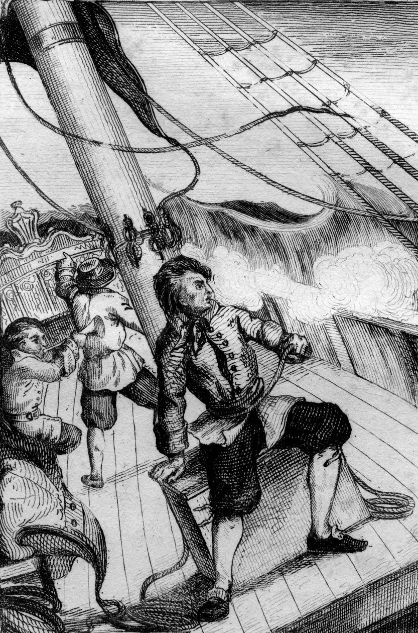 Cada minuto esperaba ser engullido grabado después del dibujo de M. de Sainson para el libro de Daniel Defoe "Robinson Crusoe" edición francesa de 1837. de Louis Auguste de Sainson