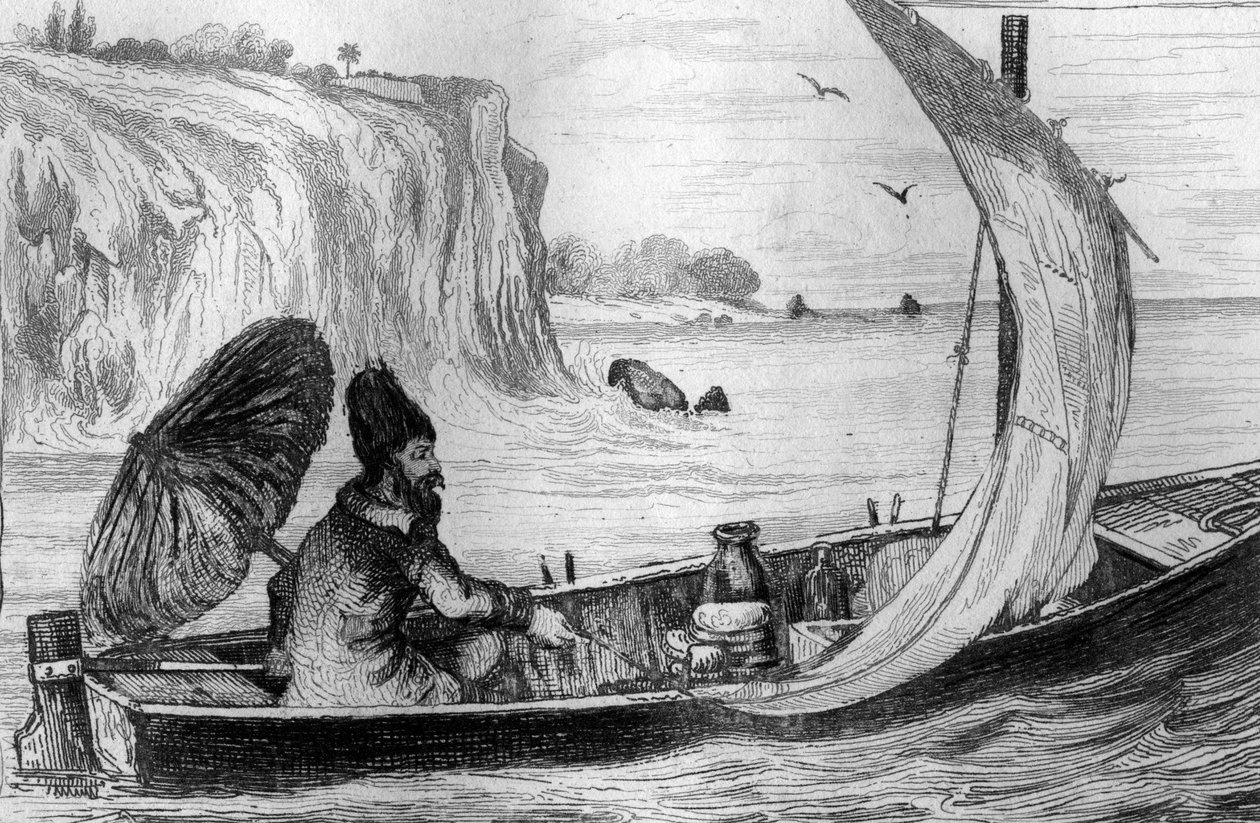 Fui arrastrado por la corriente grabado según el dibujo de M. de Sainson para el libro de Daniel Defoe "Robinson Crusoe" edición francesa de 1837. de Louis Auguste de Sainson
