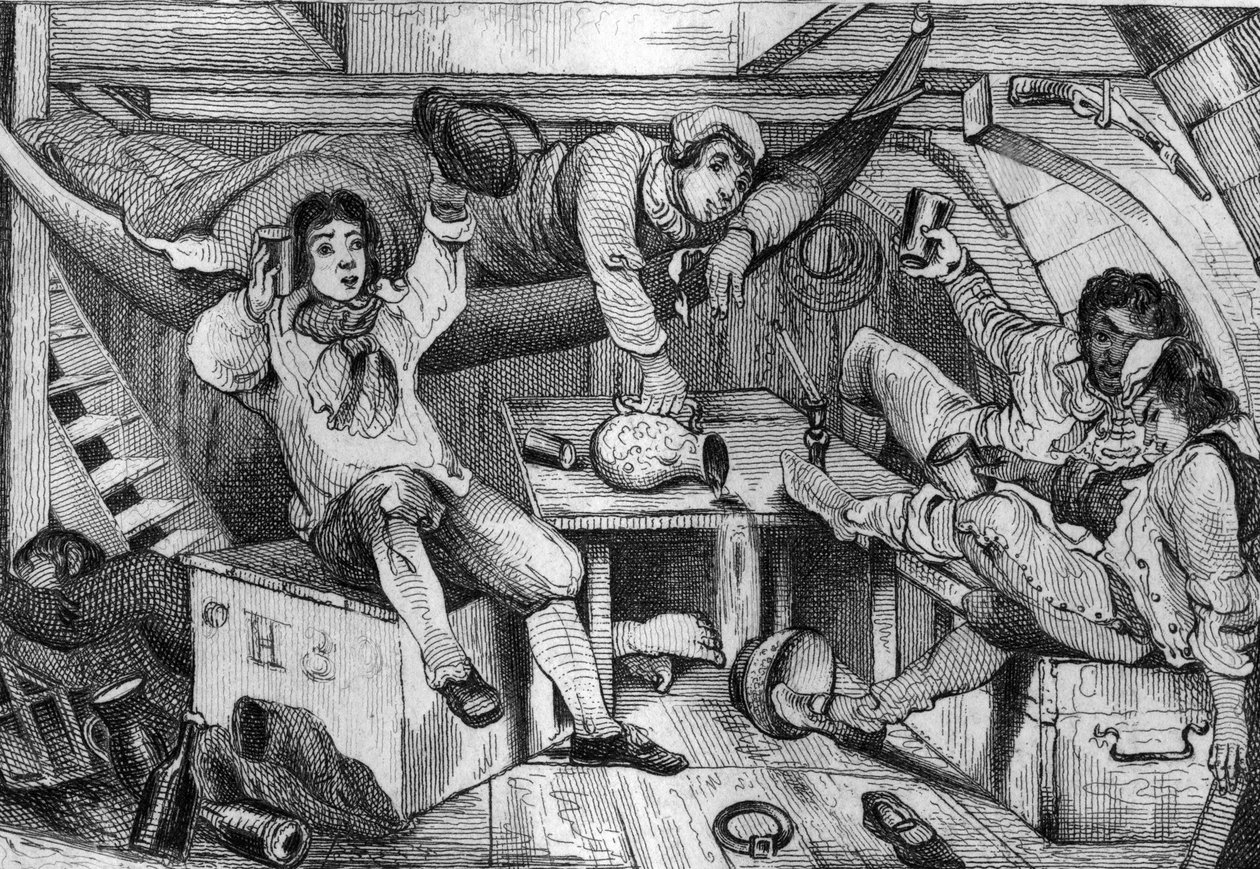 Estaba borracho y en una noche de desenfreno ahogué todos mis arrepentimientos... grabado según el dibujo de M. de Sainson para el libro de Daniel Defoe "Robinson Crusoe" edición francesa de 1837. de Louis Auguste de Sainson