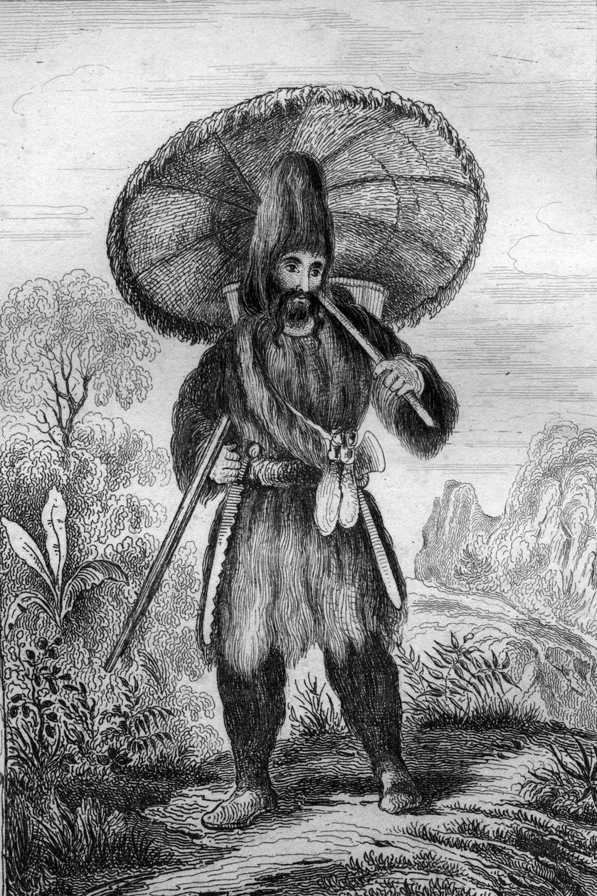 Llevaba un sombrero de una altura... grabado después del dibujo de M. de Sainson para el Libro de Daniel Defoe “Robinson Crusoe” edición francesa de 1837. de Louis Auguste de Sainson