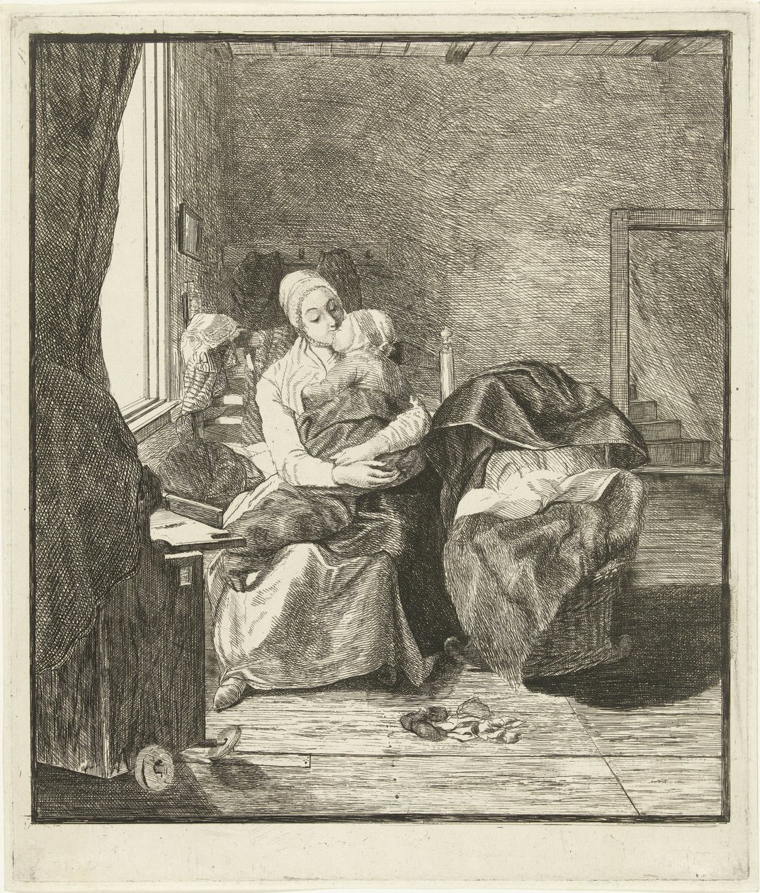 Madre con niño dormido frente a la ventana de Louis Bernard Coclers