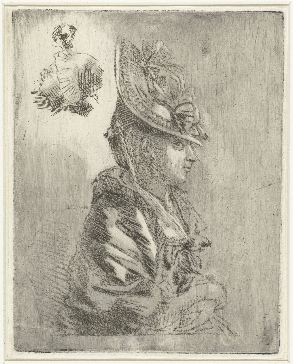 Hoja de estudio con el retrato de una mujer joven con sombrero y dos retratos más pequeños. de Louis Bernard Coclers