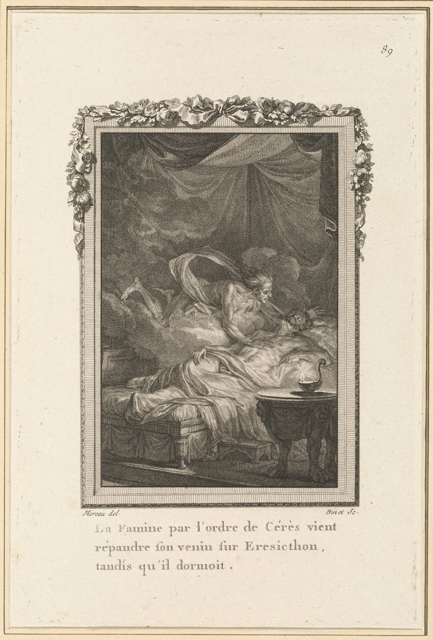La hambruna por orden de Ceres viene a esparcir su veneno sobre Eresicton, mientras dormía de Louis Binet after Jean Michel Moreau