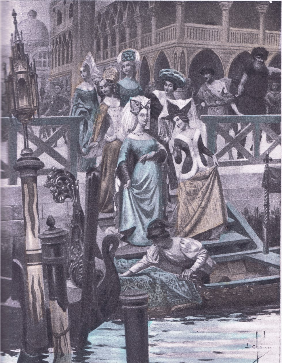 Gansos verdes, ilustración del Decamerón de Boccaccio publicada por Navarre Society en los años 1930 de Louis Chalon