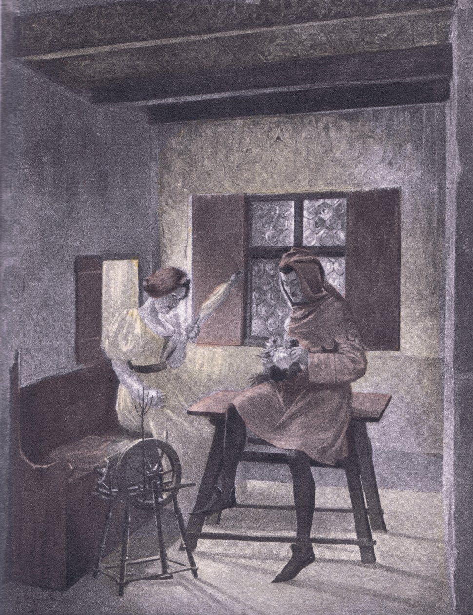 Simona hilando, ilustración del Decamerón de Boccaccio publicada por Navarre Society en los años 1930 de Louis Chalon