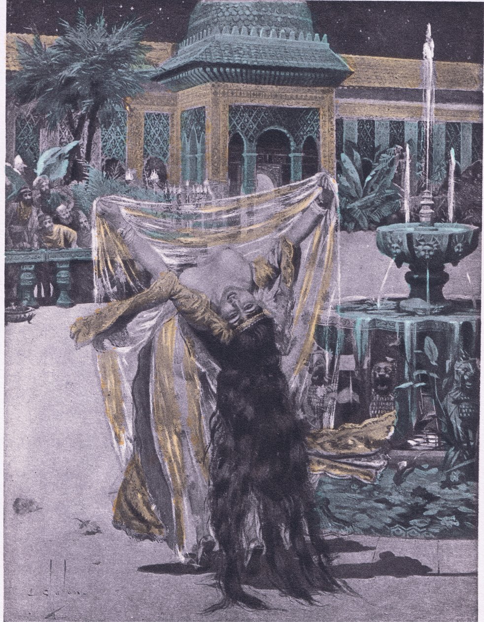 La hija del Soldán de Babilonia bailando, ilustración del Decamerón de Boccaccio publicada por Navarre Society en los años 1930 de Louis Chalon