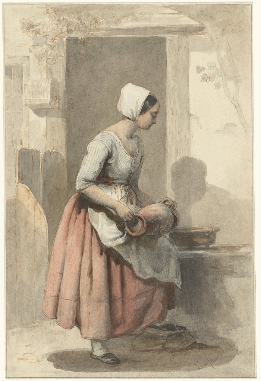 Chica con una jarra a la entrada de una casa de Louis Chantal